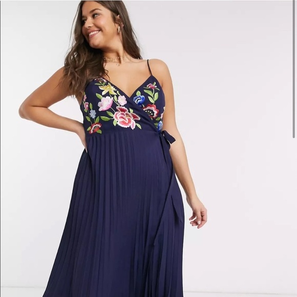 ASOS Dresses & Skirts - RARE Asos cami wrap pleated Floral Embroidered Midi Dress plus size 20